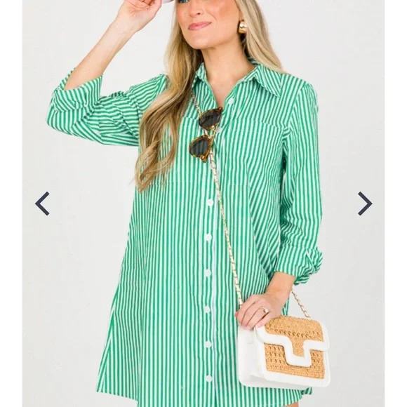 Striped Green Button-Front Shirt Dress - Casual Women’s Dress - Picture 3 of 8